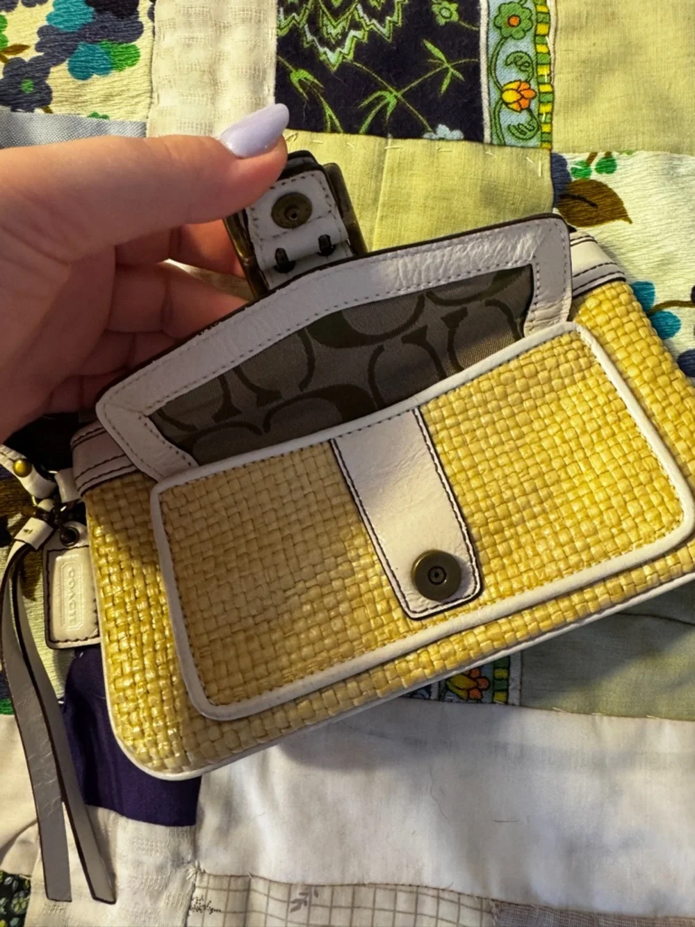 Vintage Coach Legacy Leather & Straw Wristlet | Off White Straw Snap Flap